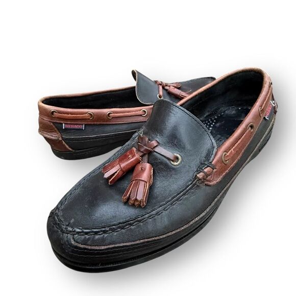 Sebago Tassel Loafers Two Tone Black Brown Leather Moc Shoes Women's size 8 - Picture 2 of 12